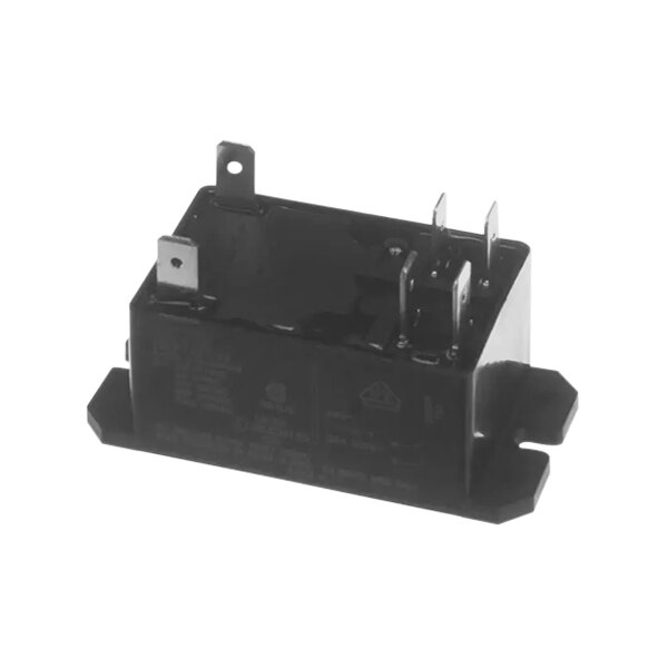 A black electrical relay with metal parts and two wires.