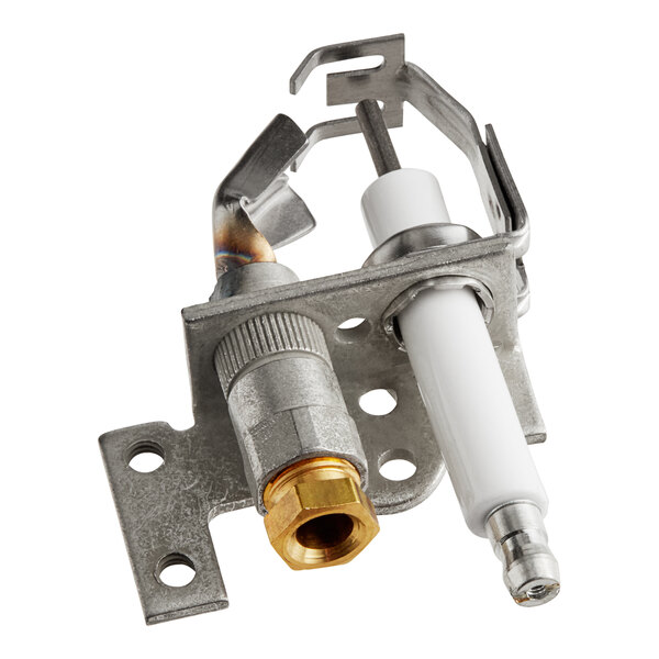 A white and metal Cleveland steam plate assembly with brass accents.