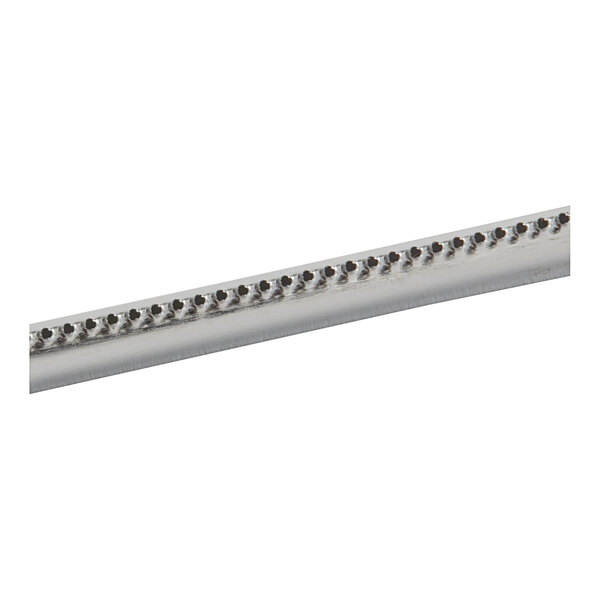 A close-up of a serrated metal bar with a stainless steel chain and beads on it.