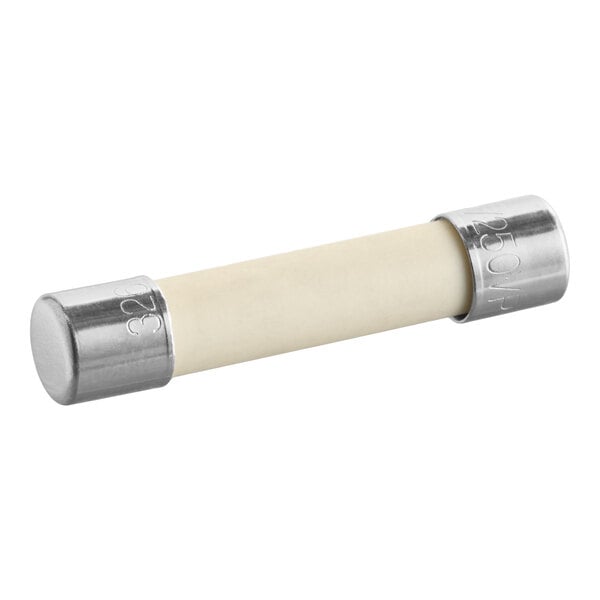 A ceramic fuse with metal end caps, rated at 0.2 amps.