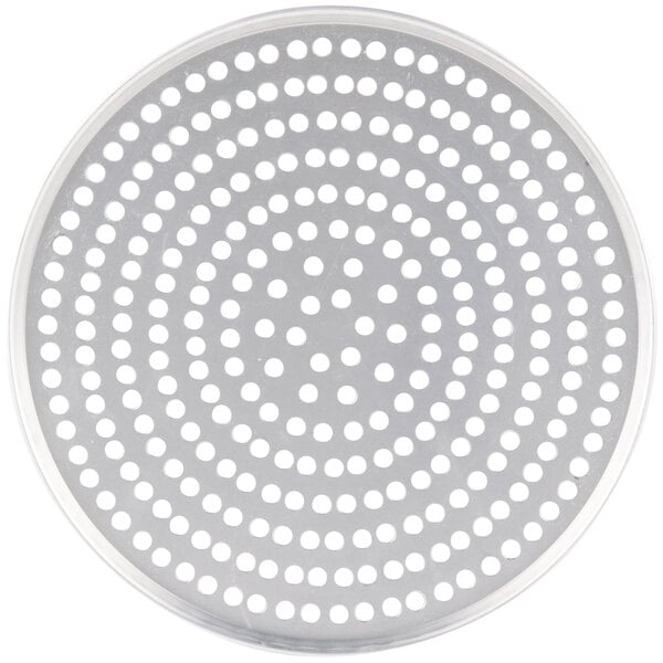 An American Metalcraft Super Perforated pizza pan, a circular metal plate with holes.