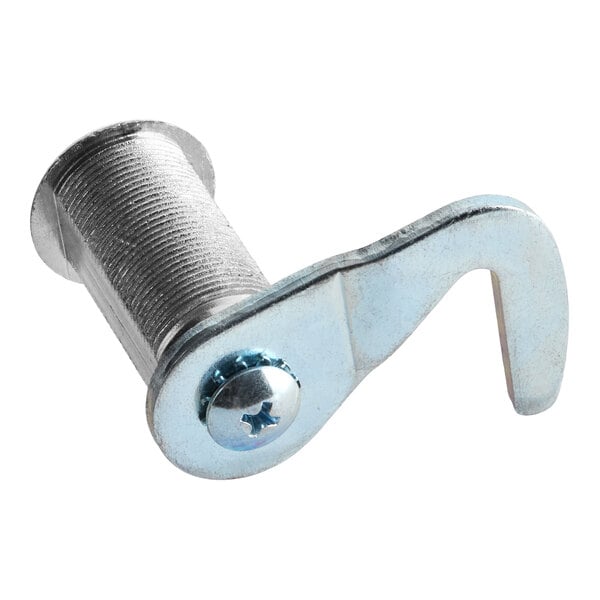 A metal lock mechanism with a threaded cylindrical body and a hooked latch arm.