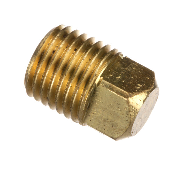 A brass threaded pipe plug with a nut.