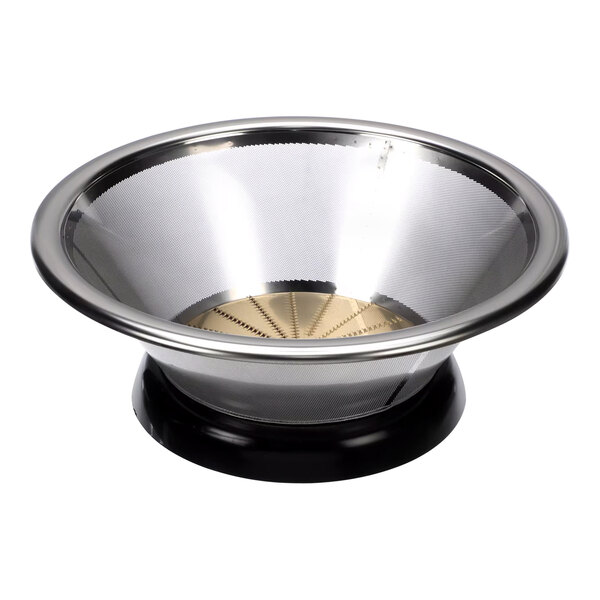 A silver and black metal bowl with a gold rim.