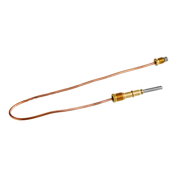 A copper thermocouple with brass fittings and a threaded end, used for temperature sensing in appliances.