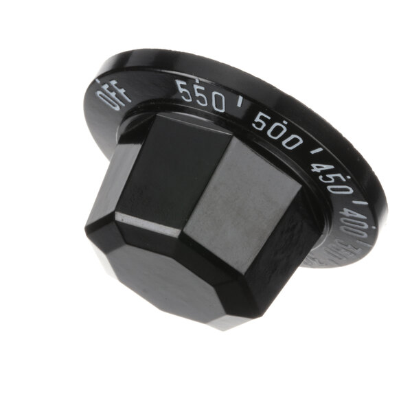 A black Vulcan range temp knob with white text.