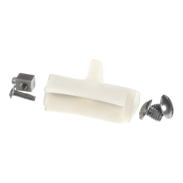 A white plastic clip with screws on a white background.