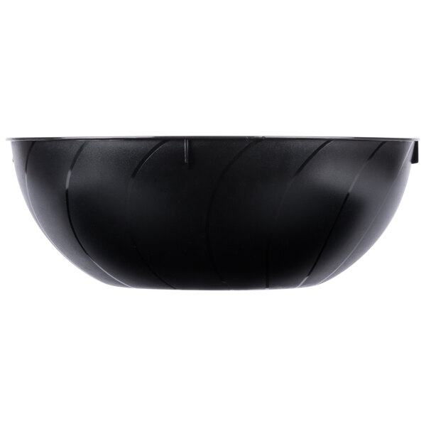 A black Fineline plastic bowl with a curved surface.