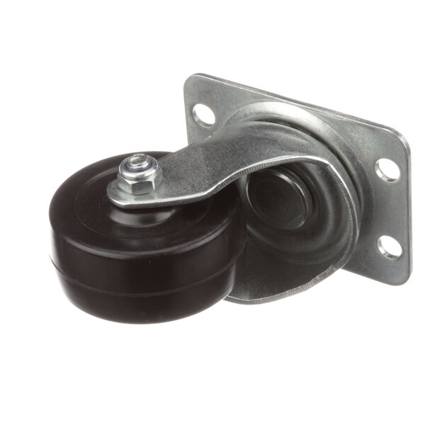 An Ultrafryer Systems metal plate caster with a black wheel and metal wheel.