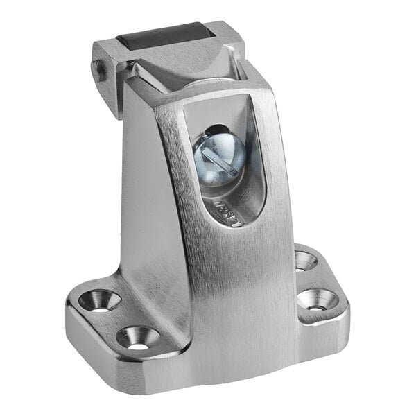 A metal strike plate with a brushed finish and multiple screw holes for mounting.