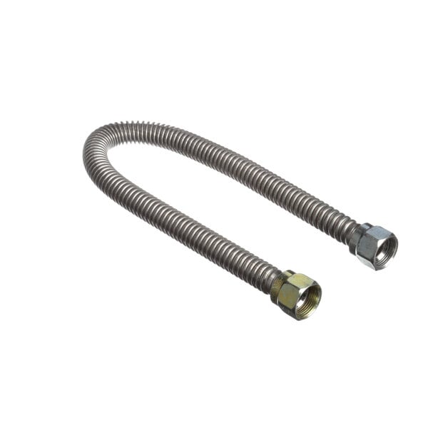 A stainless steel Pitco flex return line hose with a metal connector.