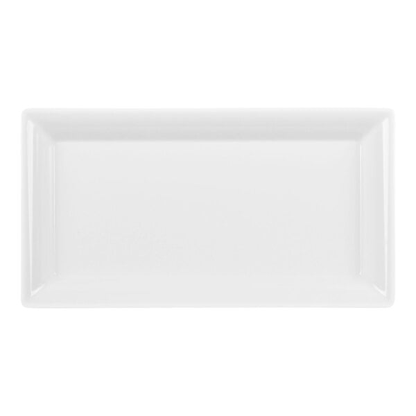 A rectangular white platter with slightly raised edges, viewed from above.