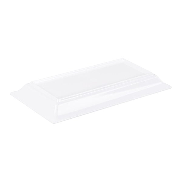 A rectangular, white, slightly raised platter with smooth edges and a glossy finish.