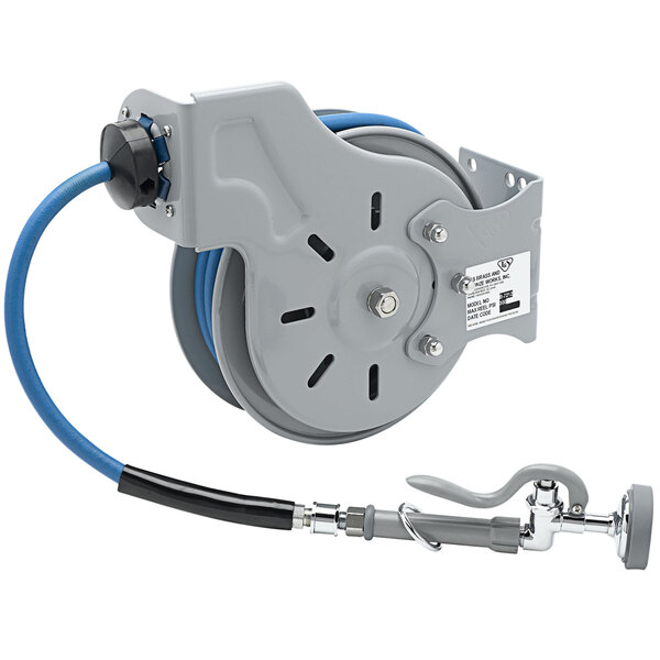 A T&S open epoxy coated steel hose reel with a hose attached.