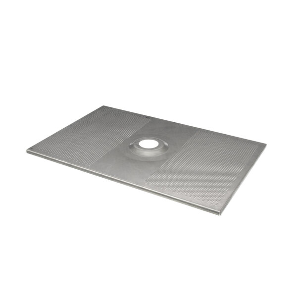 A close-up of a rectangular stainless steel Henny Penny crumb screen with a hole in the center.