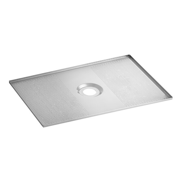 A rectangular metal tray with a raised edge, a central circular hole, and a perforated surface on both sides.
