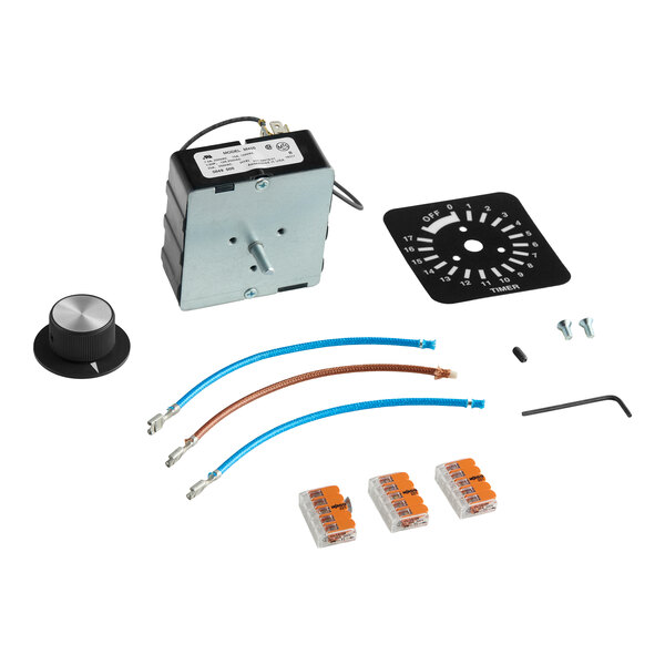 A Cres Cor 0849 008 K timer kit with a timer mechanism, dial, wiring, connectors, mounting hardware, and a faceplate.