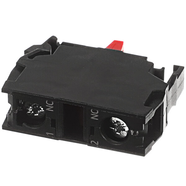 A black plastic Meiko switching element connector with red and black wires.