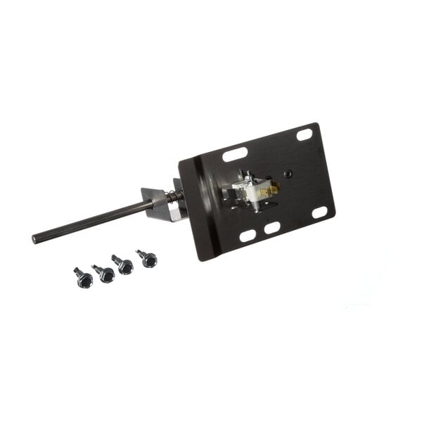 A black metal bracket with screws and bolts.