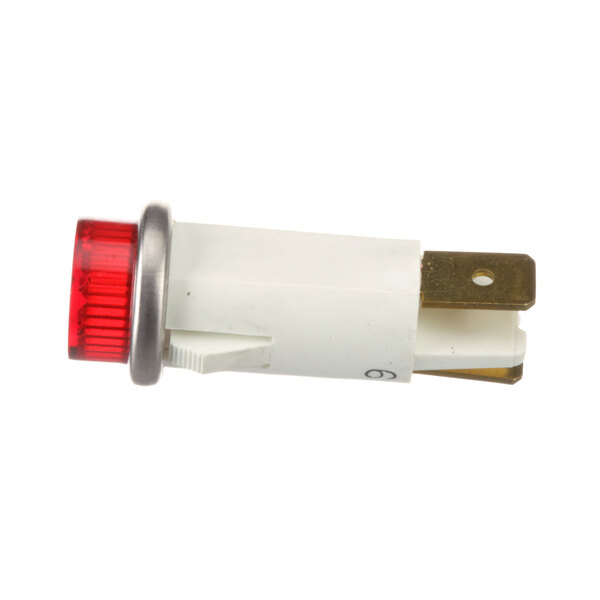 A close-up of a red and white light indicator on a white background.