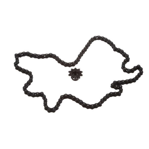 A black bicycle chain and sprocket on a white background.
