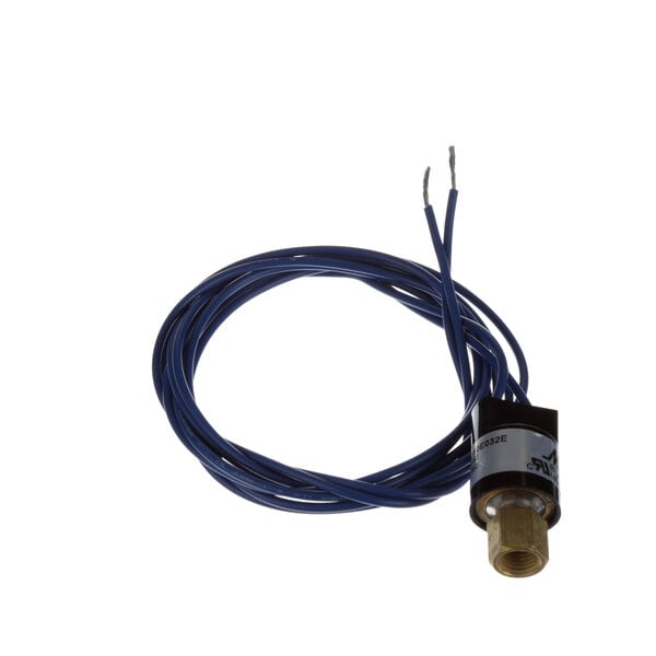 A blue wire with a metal cylinder attached to it.