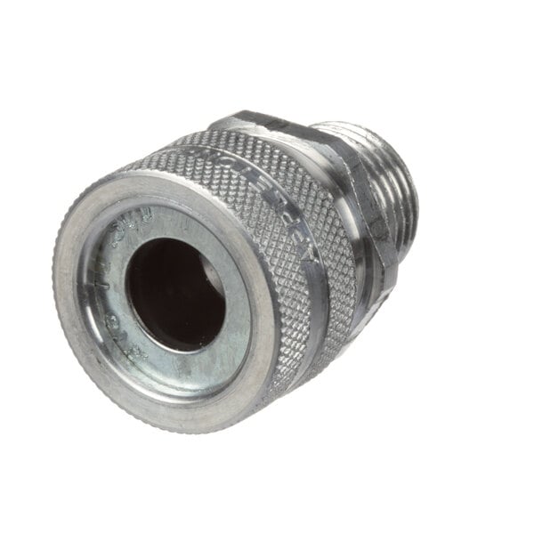 A Frymaster SHC straight aluminum threaded connector with a nut.