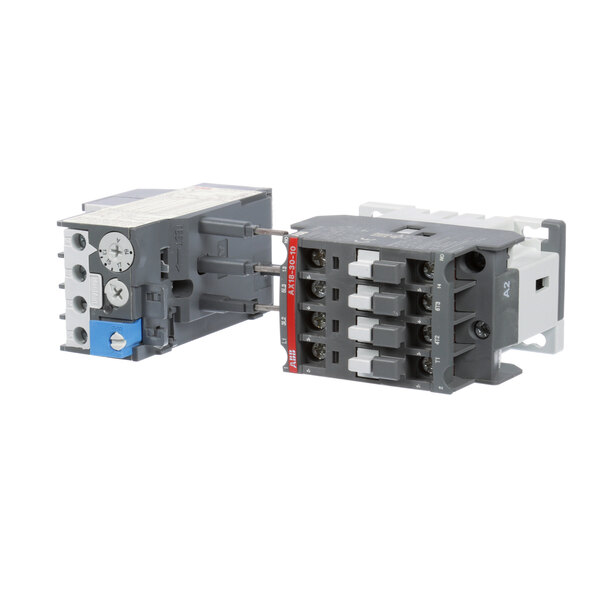 A close up of a Globe overload relay and contactor with two electrical switches, one on top of the other.