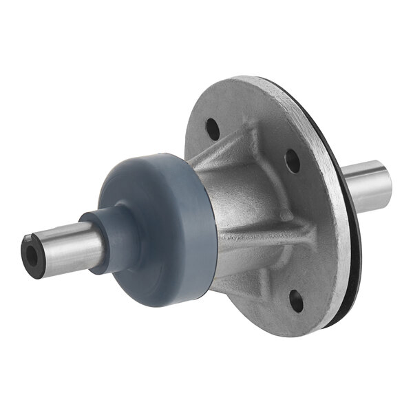 A metal object with a rubber seal and a round metal object with a blue cap.