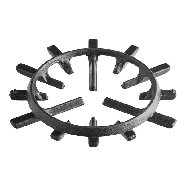 A black cast iron burner grate with a circular design and many holes.