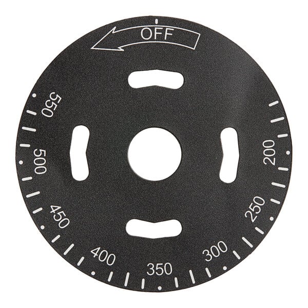 A black Vulcan temp dial with white text and arrows.