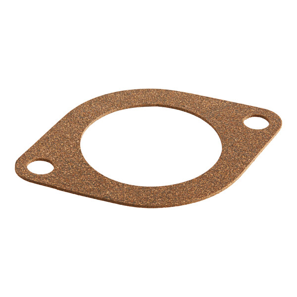 A brown circular gasket with two holes.