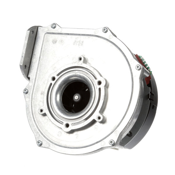 A metal blower with a small gear on it.