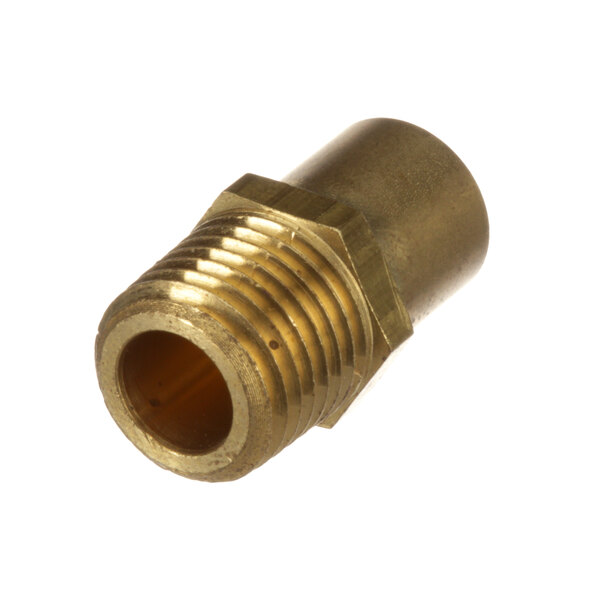 A close-up of a brass threaded male fitting with a Cleveland logo.