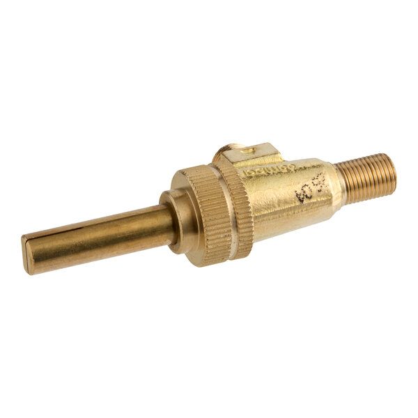 A brass-colored metal valve with a threaded end and a cylindrical extension.