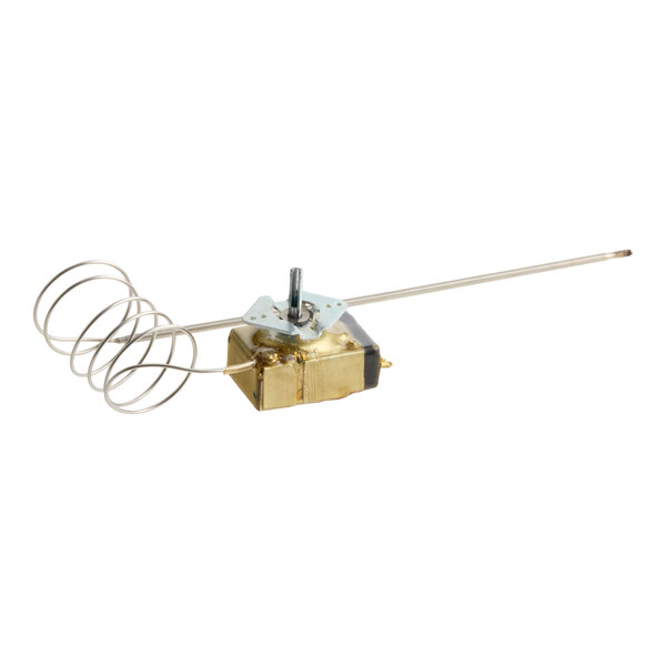 A metallic device with a long straight rod, a coiled wire, and a rectangular brass-colored housing.