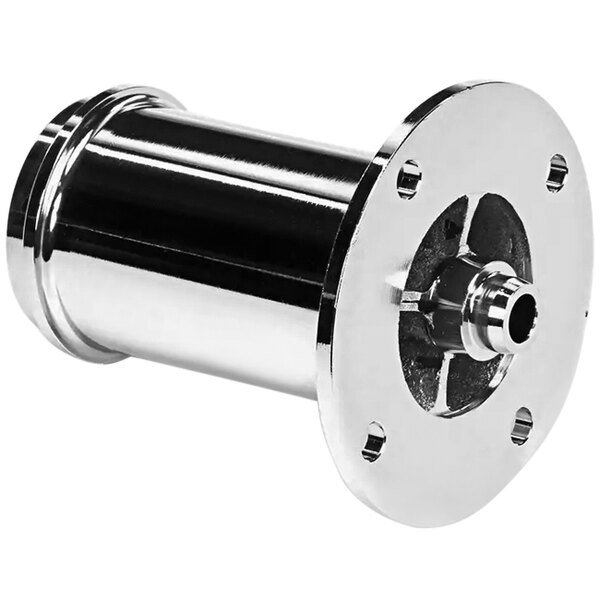 A silver cylinder with a round metal base.