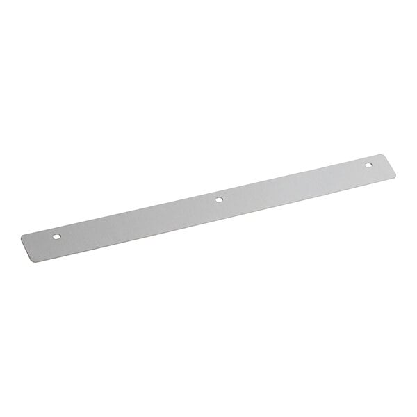 A white rectangular metal bracket with two holes.