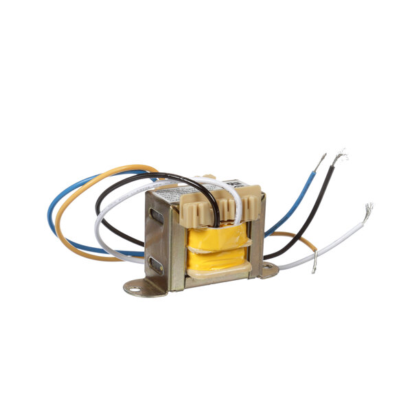 A close-up of a Baxter transformer with wires.