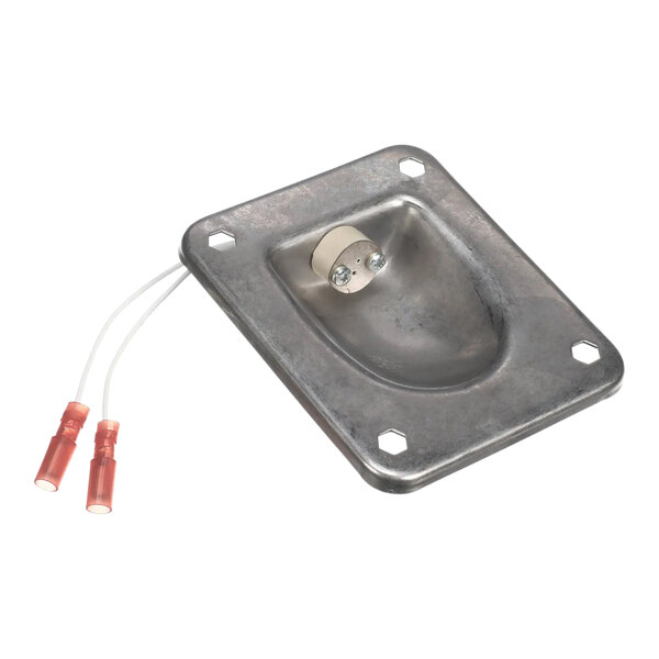 A metal plate with a hole and two red wires.