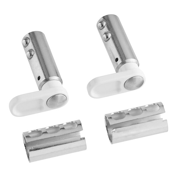 A Manitowoc Ice hinge assembly with two white metal handles and two chrome handles.