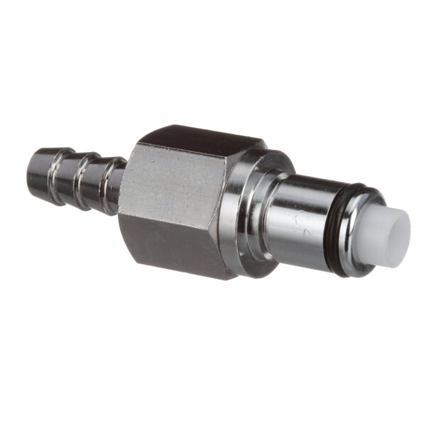 A close-up of a Bunn stainless steel quick disconnect male fitting with a white valve.