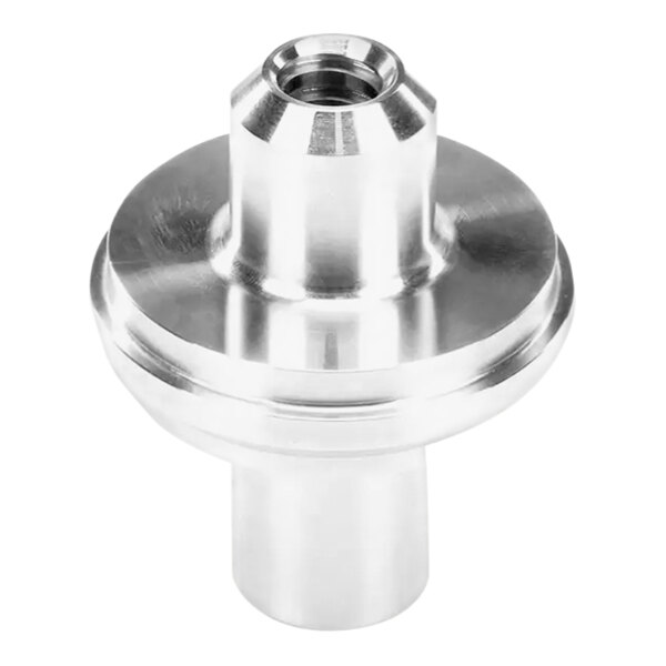 A close-up of a stainless steel threaded nut on a silver metal object.