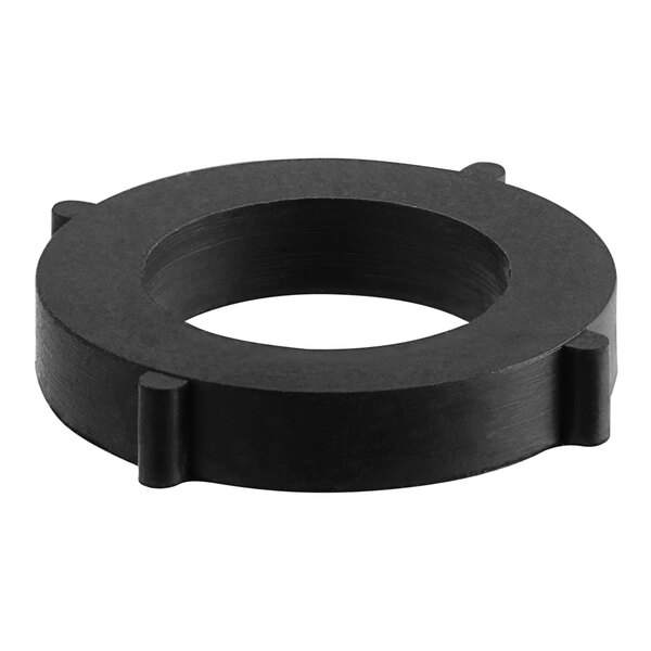 A black circular rubber washer with a hole in it.