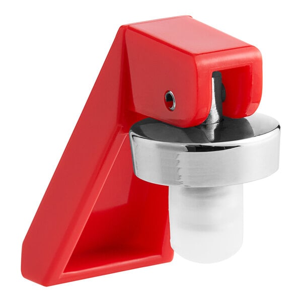 A red and silver upper faucet assembly for coffee brewers with a round metal object and a red handle.