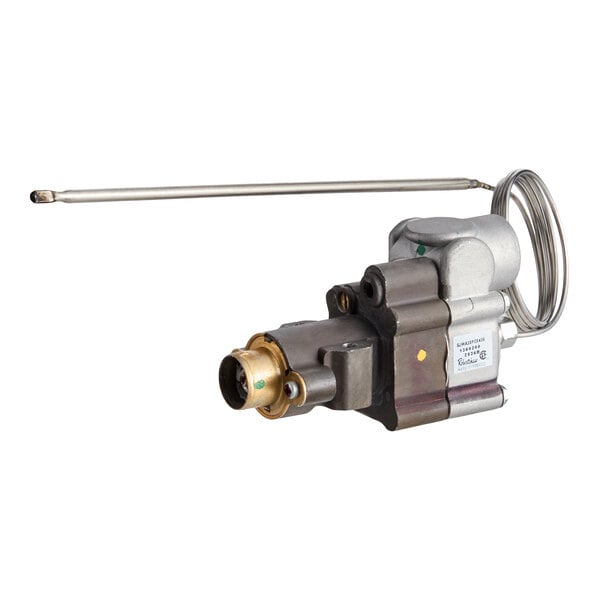A metal thermostat component with an attached sensing probe and coiled capillary tube.