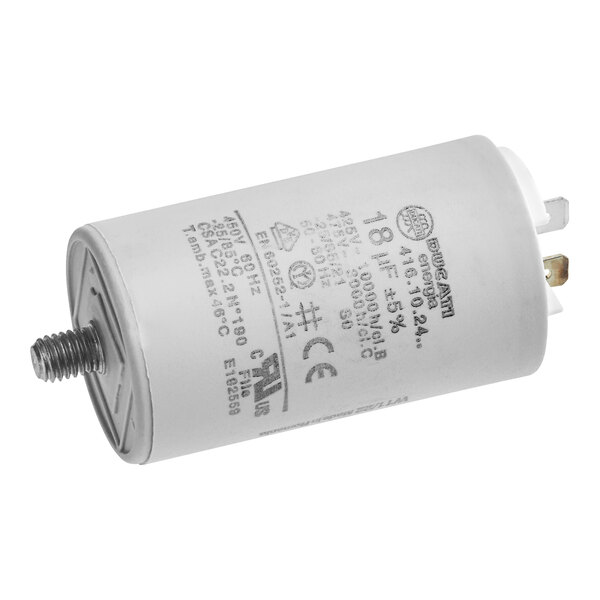 A white cylindrical Berkel capacitor with a small metal cap.