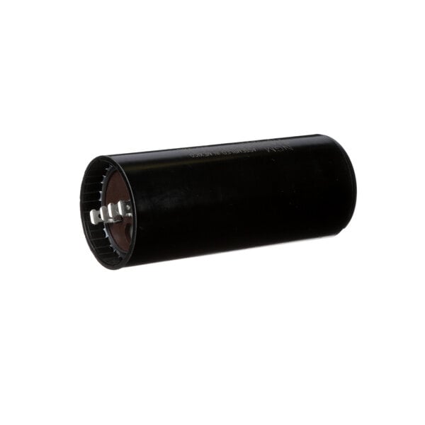 A black cylindrical Beverage-Air capacitor with metal parts and white text.