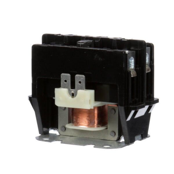 A small black and white Hatco contactor with copper wires.