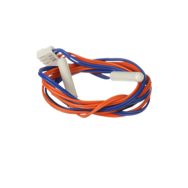 A close-up of a blue and orange wire with white and blue connectors.